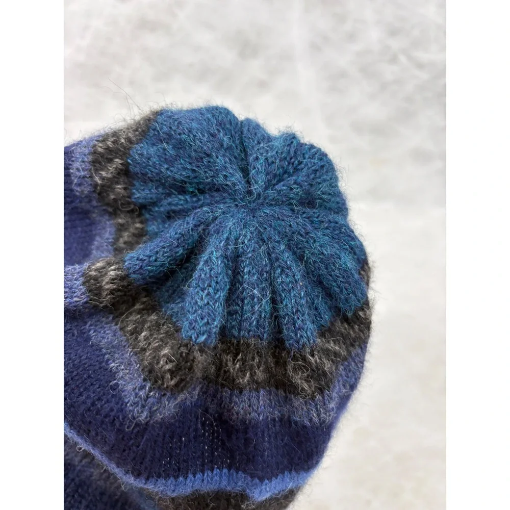 Turtle Fur Alpaca Wool Beanie Striped Fleece Lined Blue Grey Skull Cap Adult